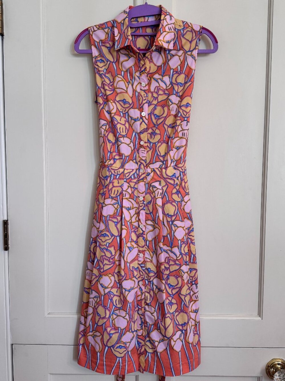 J. McLaughlin Tulip Shirt Dress Midi Sleeveless Belted Pink Orange Size Small